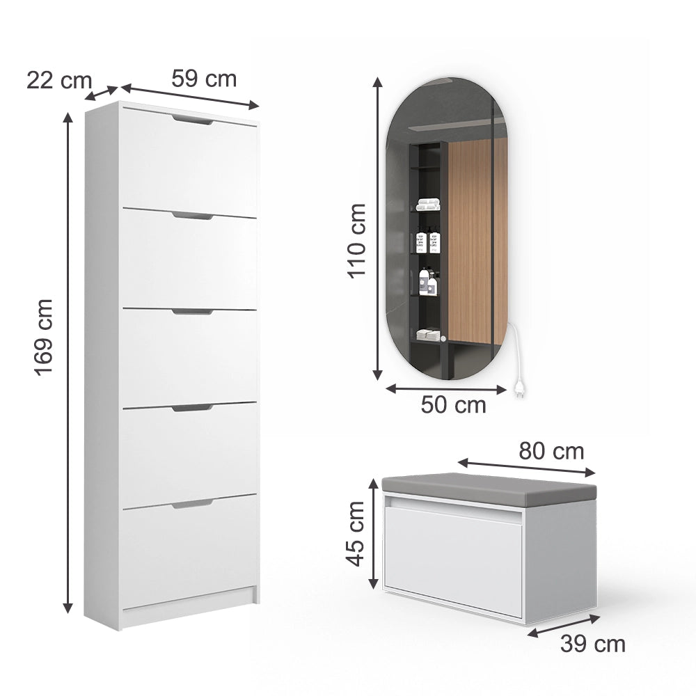 Vicco Scarpiera Bianco 3 parti, con specchio e panca a LED