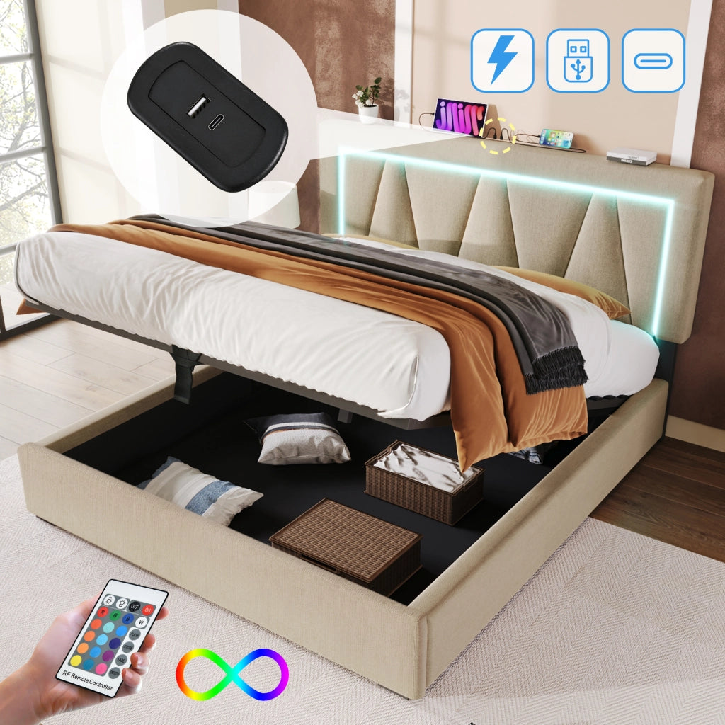 LETTO imbottito LED 140x200 cm in lino beige con USB e Type C