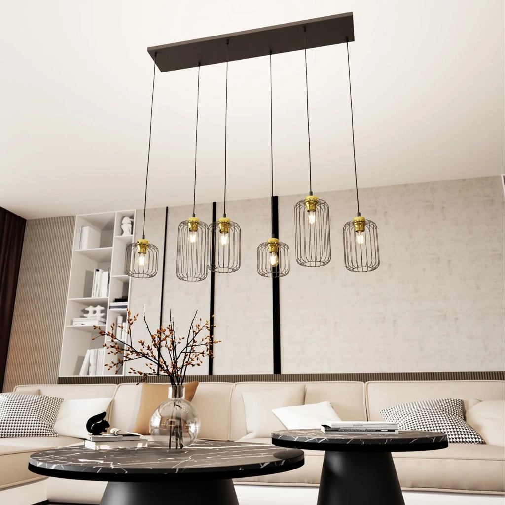Sospensione Minimal Industrial Minerva 6 Luci Lineari Nera E Oro