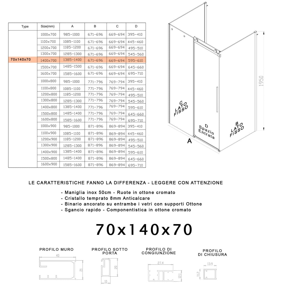 Box Doccia 3 Lati 70x100x70 cm 1 Anta Scorrevole in Cristallo Fumè 8mm H195 Bonussi Alina