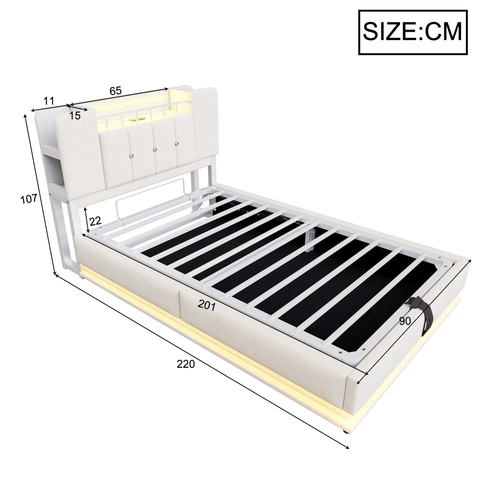 LETTO Polsterbett per bambini 90x200 cm Beige con LED, USB e contenitore