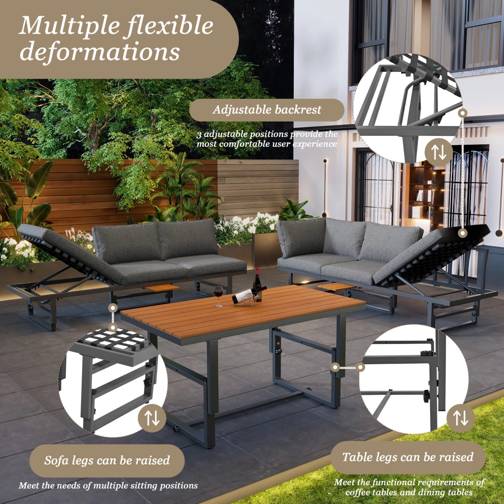 OKWISH Set 3 pezzi 2 Divanetti e 1 Tavolo da Giardino, con Cuscini e Piani Regolabili, Ferro Grigio