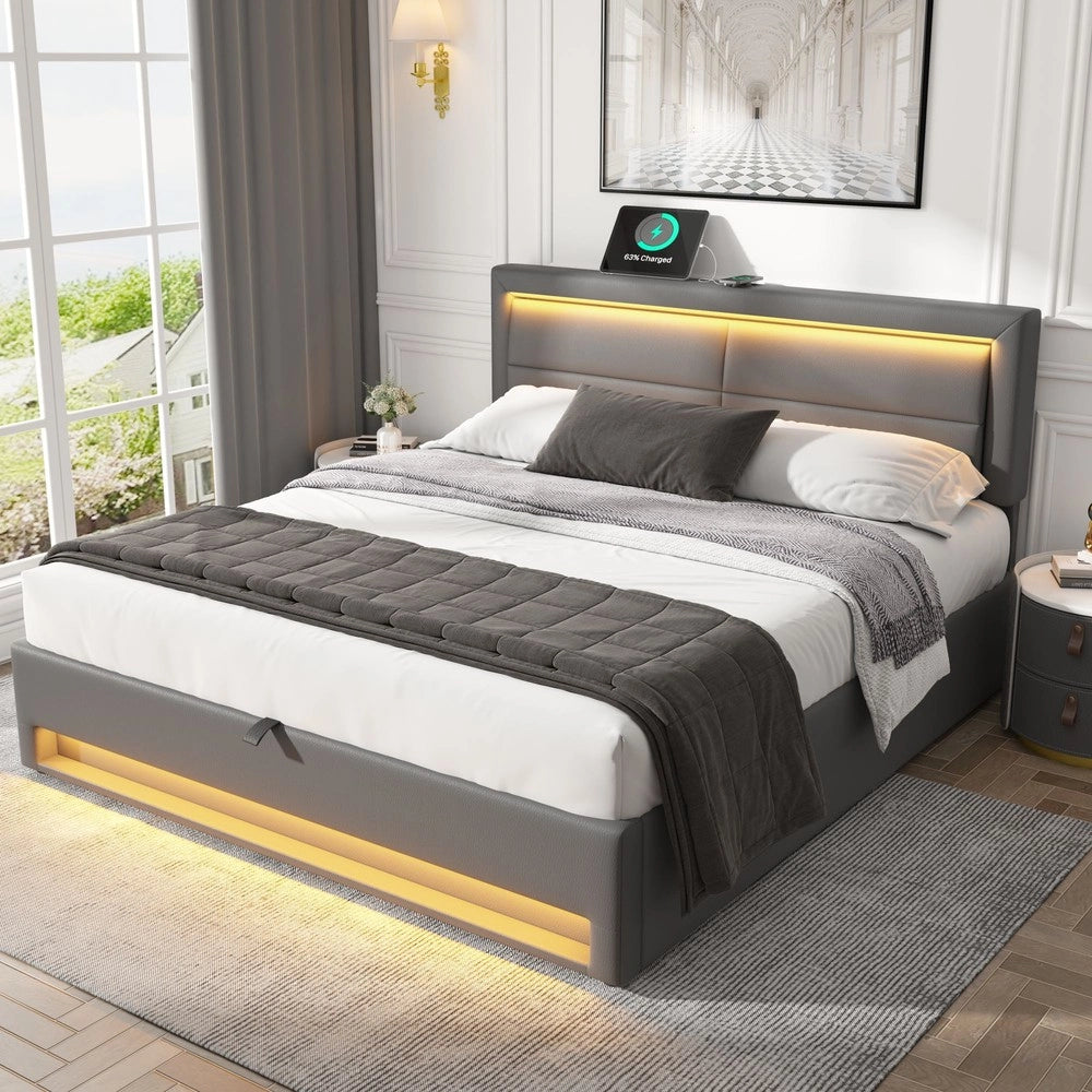Letto Imbottito con LED e Contenitore ¨C Xylo ¨C Grigio, 140x190, USB