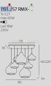 SOSP. OTTONE SATINATO 7 LUCI RETTANGOLARE VETRI (2 X PICCOLO RU + 2 X PICCOLO ZA + 2 X GRANDE RU + 1 X GRANDE ZA) 1191OS-S7 RMIX-ZR