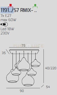 SOSP. OTTONE SATINATO 7 LUCI RETTANGOLARE VETRI (2 X PICCOLO RU + 2 X PICCOLO ZA + 2 X GRANDE RU + 1 X GRANDE ZA) 1191OS-S7 RMIX-ZR