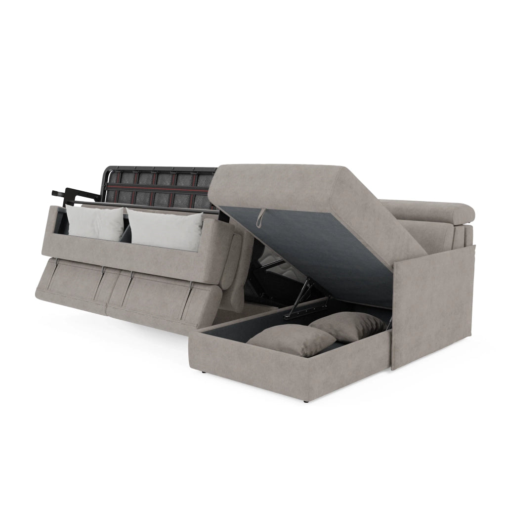 Miryam divano letto angolare compatto - poggiatesta reclinabili e penisola contenitore in tessuto smacchiabile T31 272 cm sinistro grigio perla