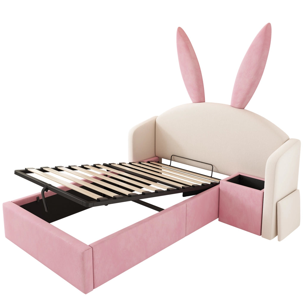 Letto Imbottito Singolo per Bambini con Contenitore e Comodino ¨C MINIMAL ¨C Velluto Beige Rosa 90x190