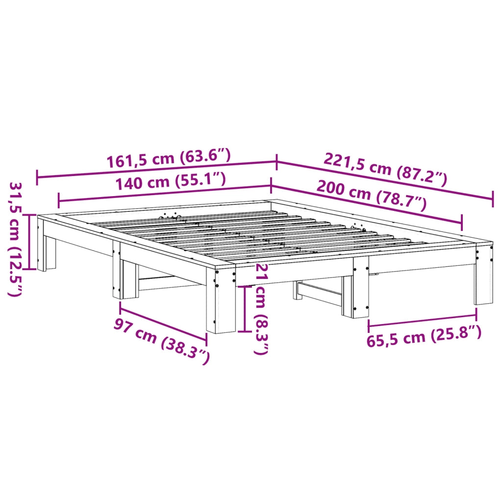 Letto matrimoniale | Letto per adulti | Giroletto senza Materasso Marrone Cera 140x200cm Massello Pino