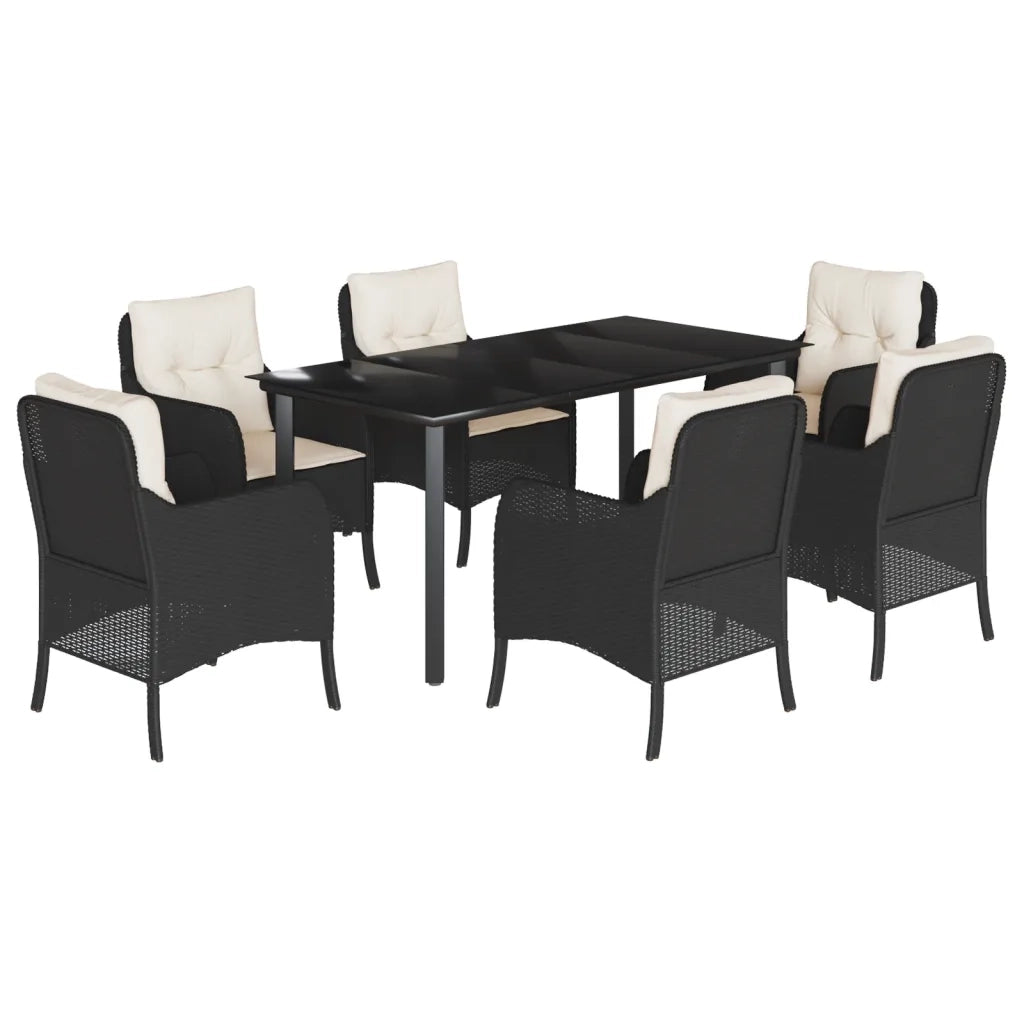 Set da Pranzo da Giardino 7 pz Nero con Cuscini in Polyrattan