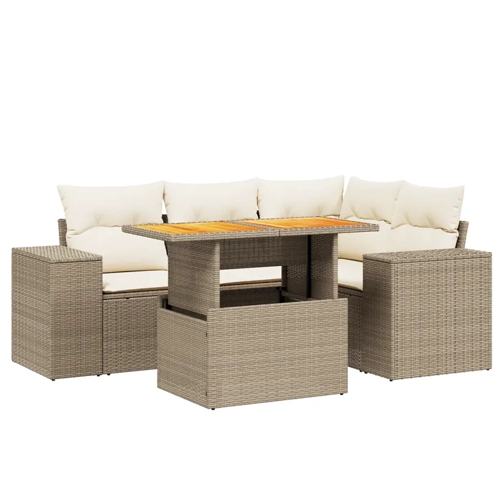 Set Divano da Giardino 5 pz con Cuscini Beige in Polyrattan