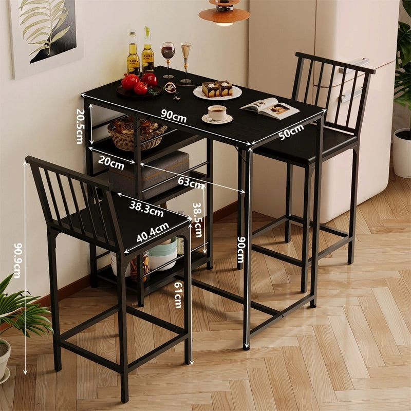 Set tavolo da pranzo + 2 sgabelli da bar, nero, stile loft, per la cucina