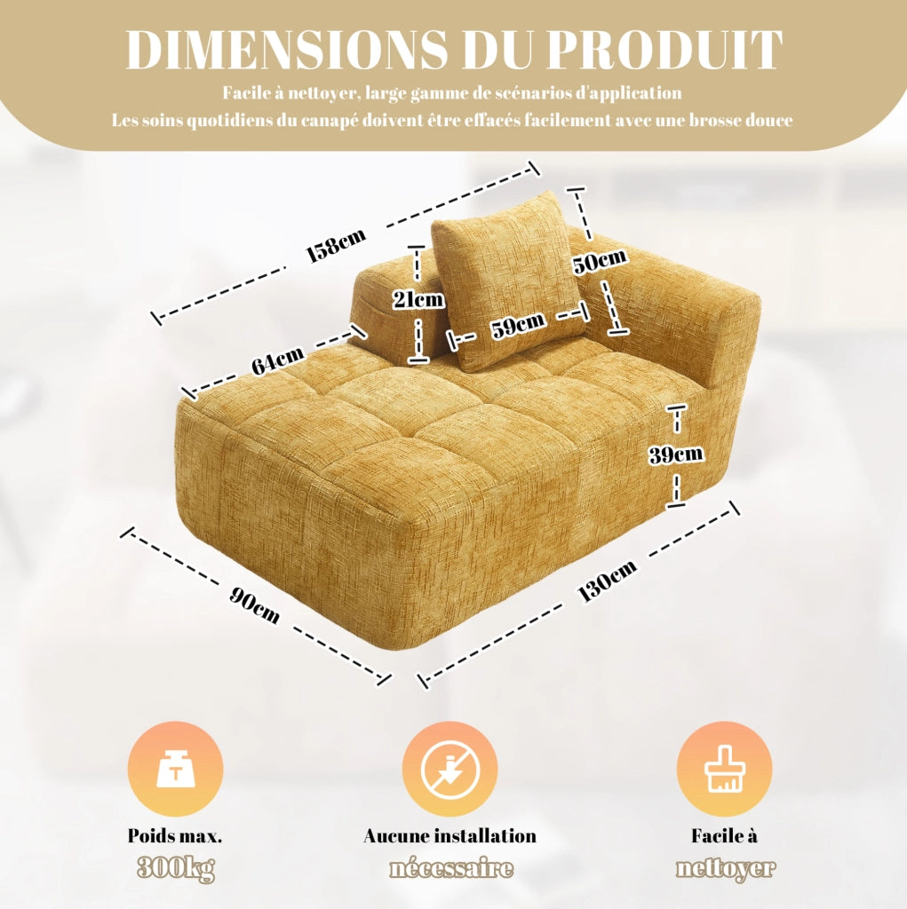 Divano chaise longue 158x90x60 cm con tasche laterali e cuscino in chenille giallo