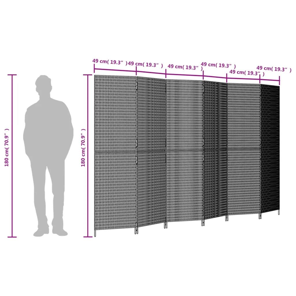 Divisorio per Ambienti | Divider per stanze | Paravento a 6 Pannelli Nero in Polyrattan