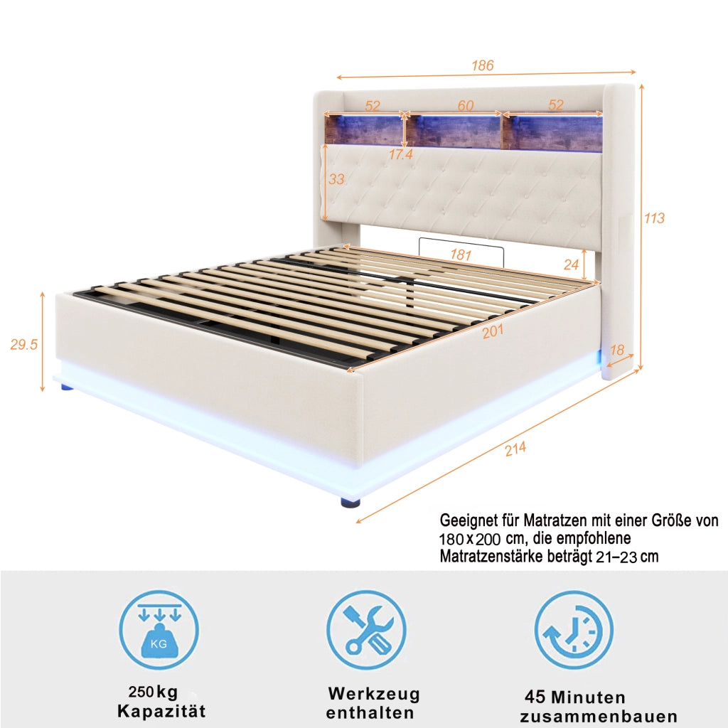 LETTO Imbottito 180x200 cm Beige con LED, USB e vano contenitore