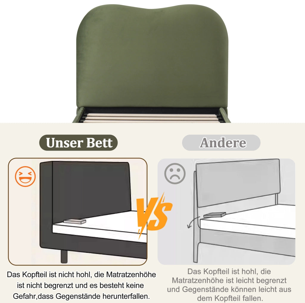 Letto singolo imbottito 90x200 cm con contenitore e rete a doghe; velluto verde