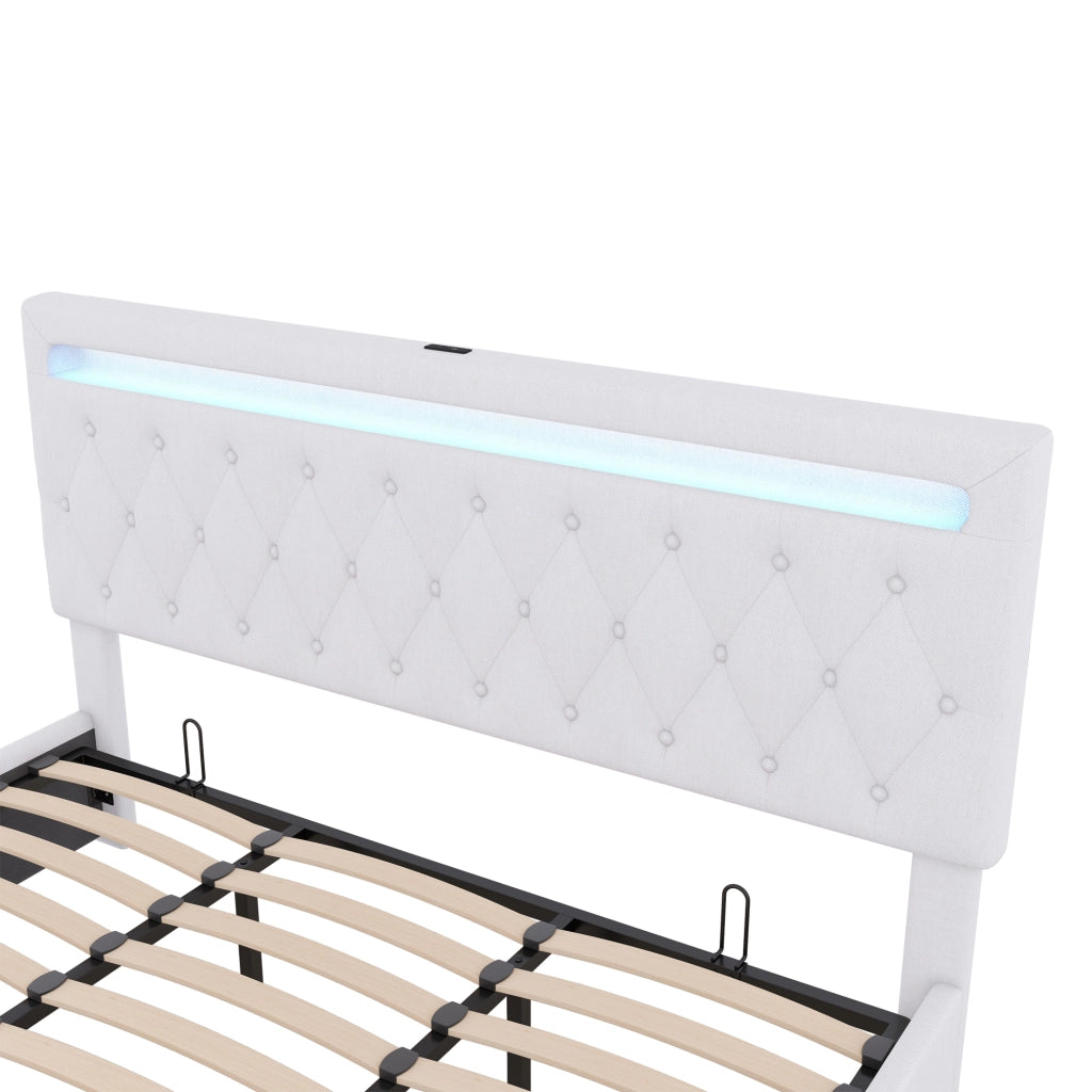 OKWISH Letto Contenitore 180×200 cm, Letto Matrimoniale con Contenitore, USB, USB-C e LED Regolabile, senza Materasso, Lino, Bianco