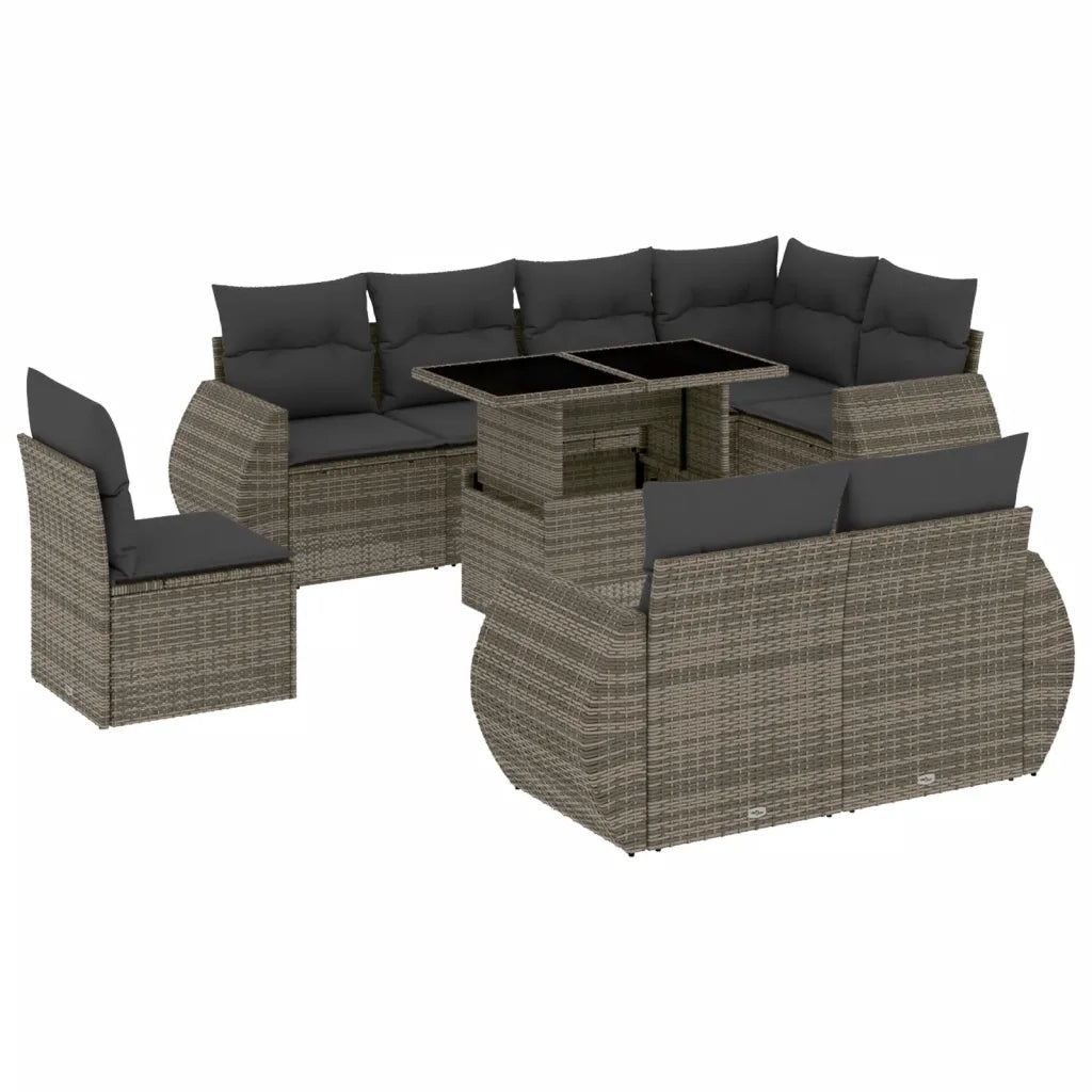 Set Divano da Giardino 9 pz con Cuscini Grigio in Polyrattan