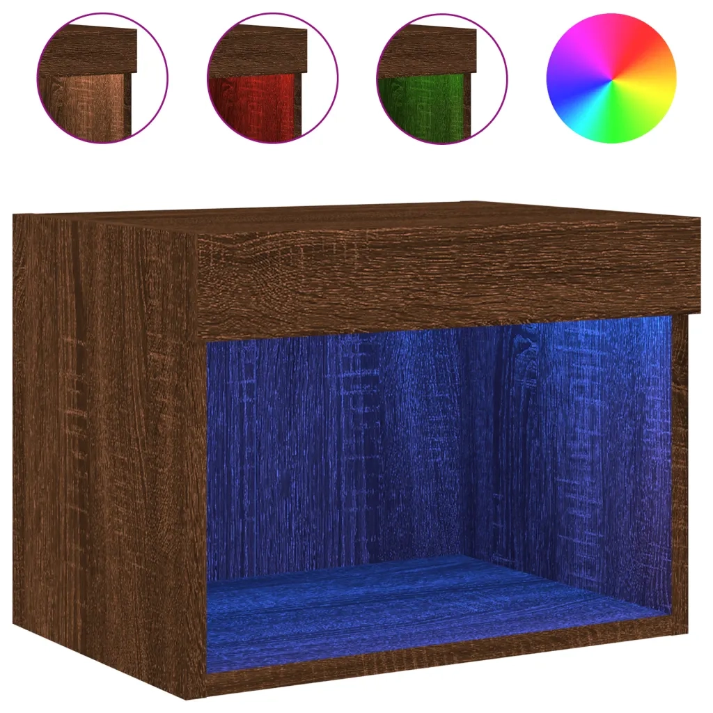 Set di 2 Comodini | Armadio da Notte | Mobiletto da notte con Luci LED a Parete Rovere Marrone