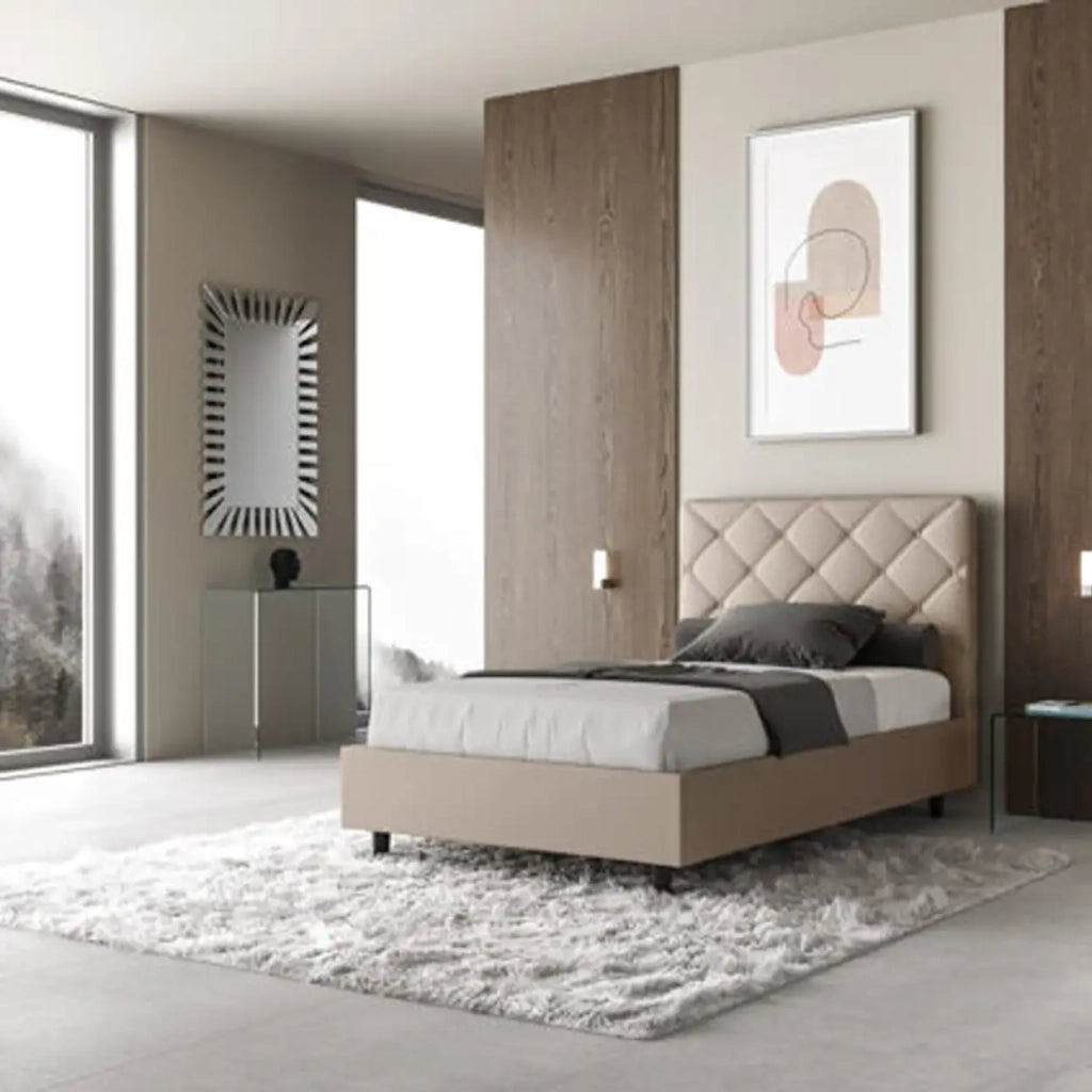 Letto singolo contenitore imbottito 100x190 similpelle tortora Priya
