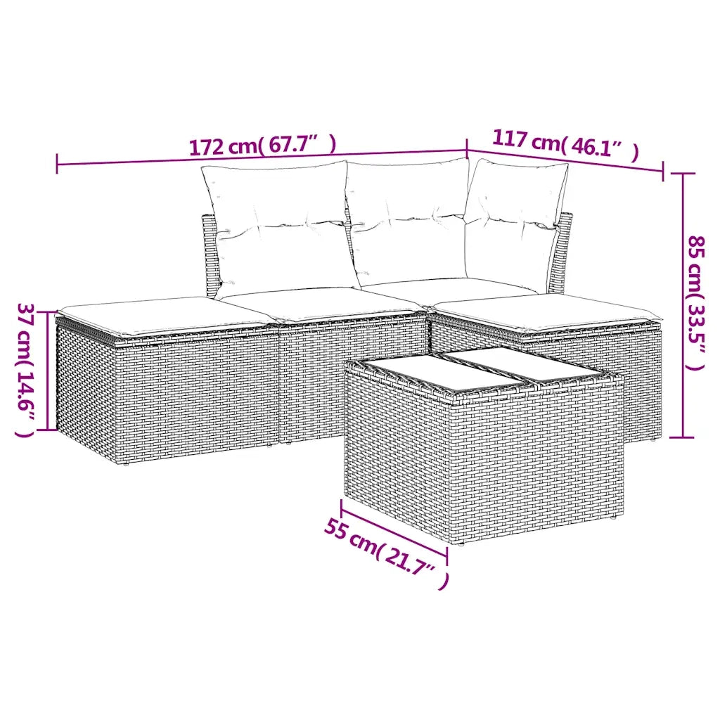 Set Divano da Giardino 5 pz | Set Salotto da Giardino con Cuscini Marrone in Polyrattan