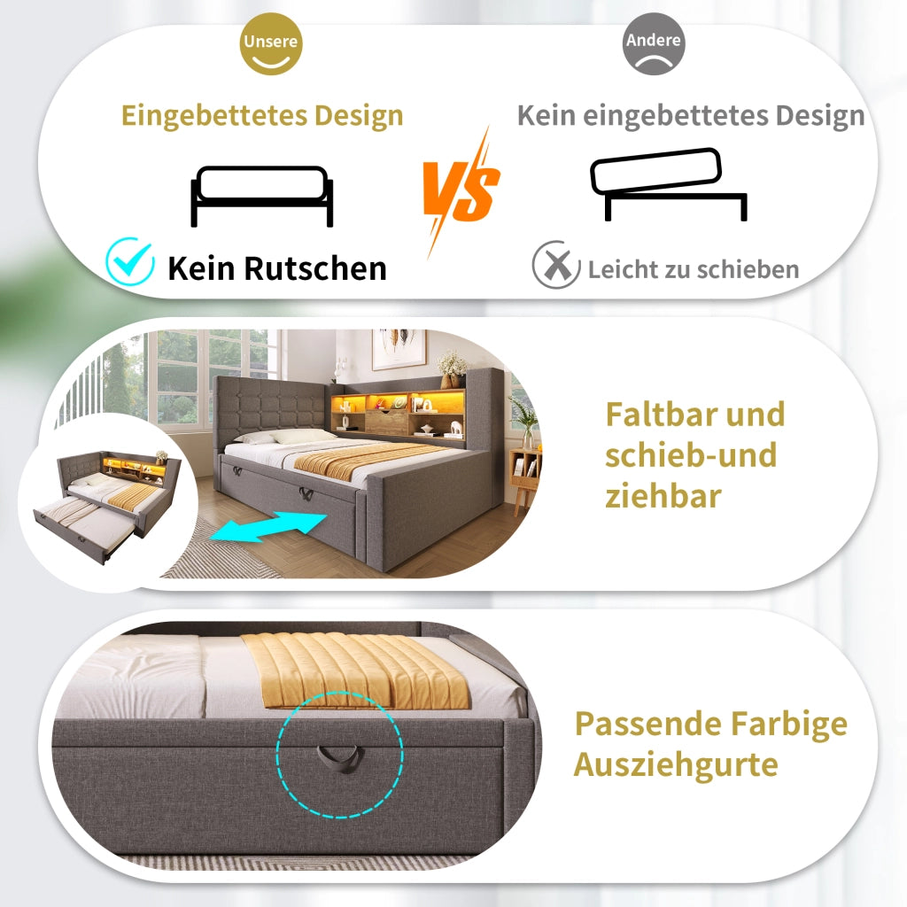 LETTO estraibile 90x200 cm in lino grigio con LED e porte USB