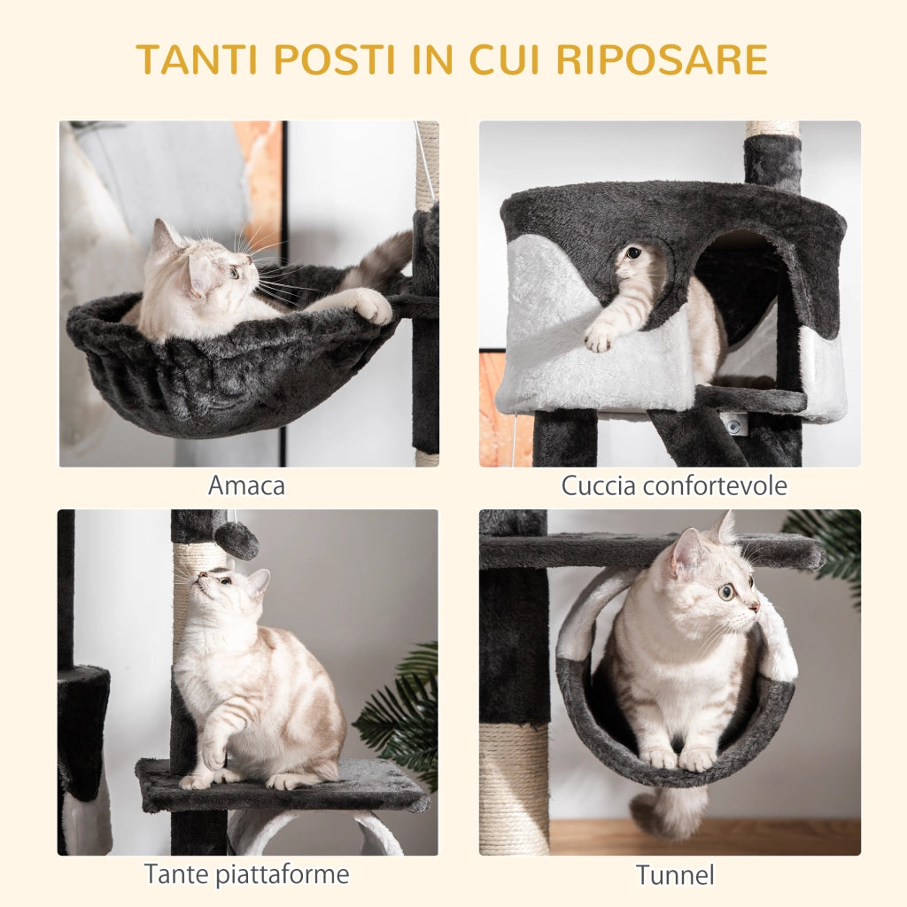 Albero Tiragraffi per Gatti Multilivello con Cucce e Amache ¨C Minimal ¨C Grigio Scuro e Bianco