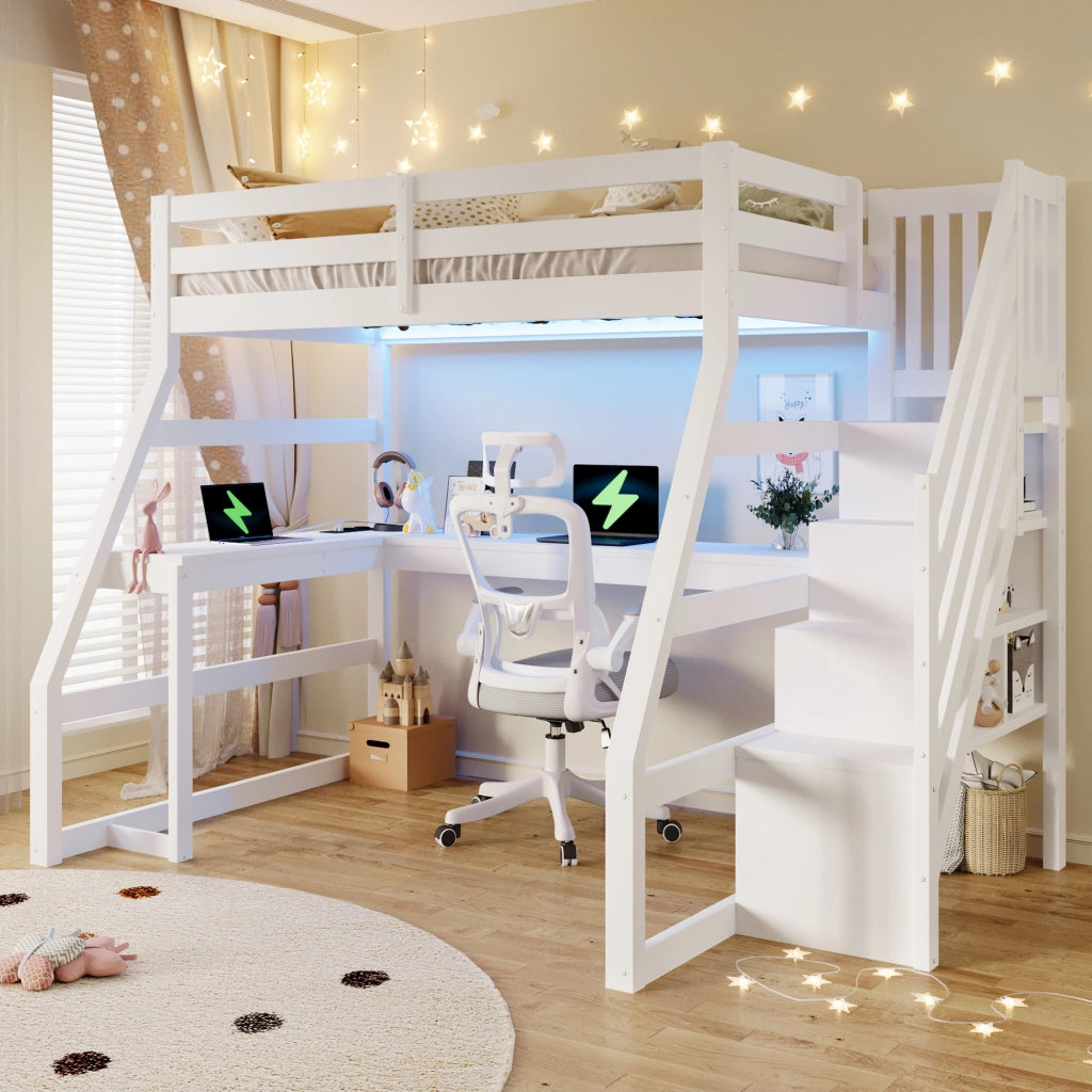 LETTO A CASTELLO 90x200 cm con scrivania, LED e scala con contenitore, bianco