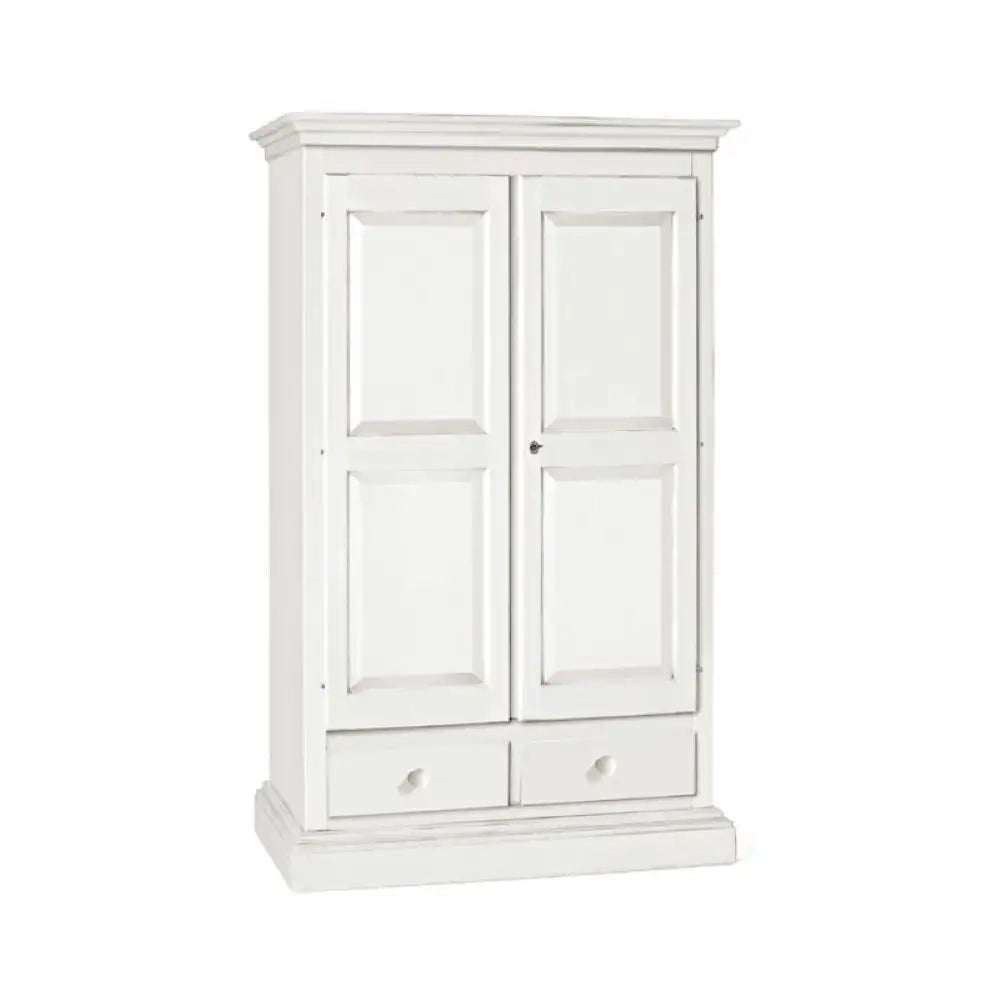 Armadio a cappello dritto appendiabiti con bastone e 2 ante 2 cassetti in legno massello e mdf con rifinitura in bianco 125x61x200 H