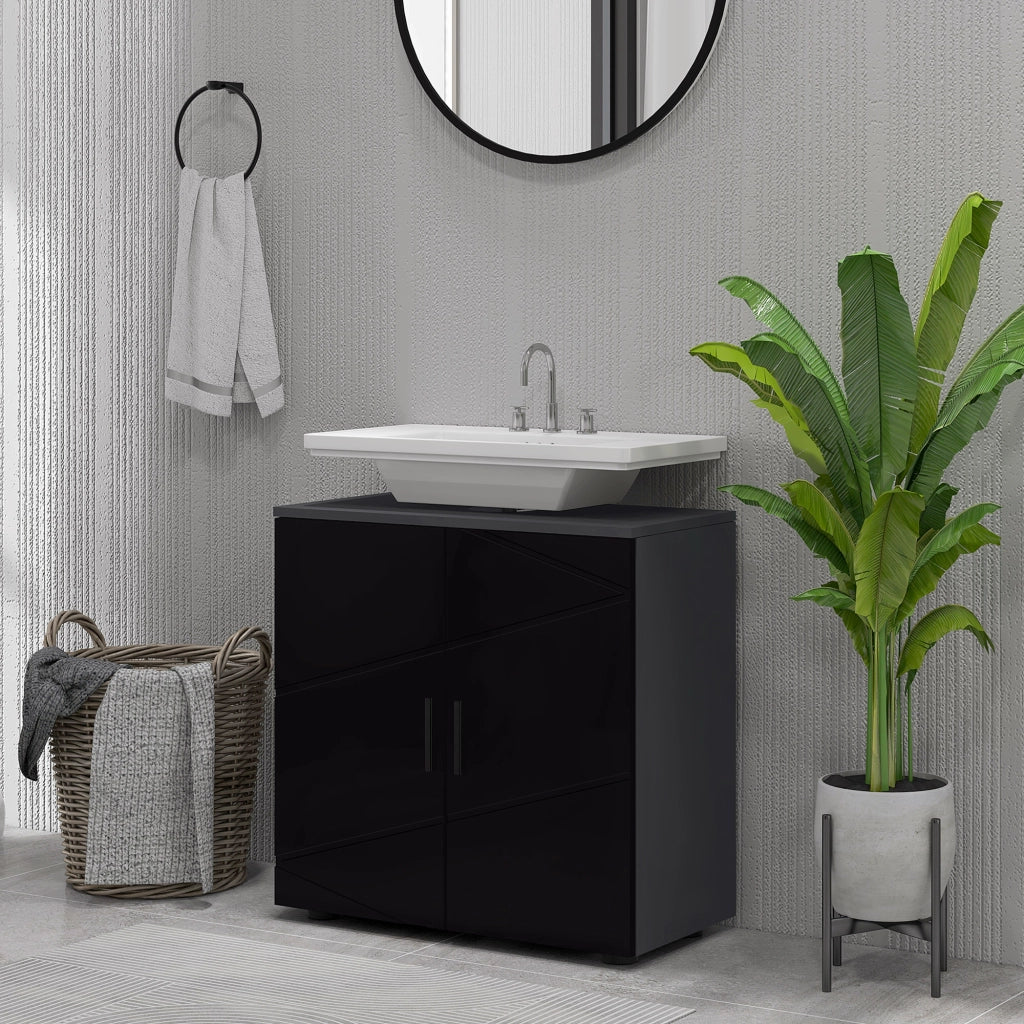Mobile Sottolavabo Bagno in Legno con Armadietto 2 Ante, 60x30x60cm, Nero
