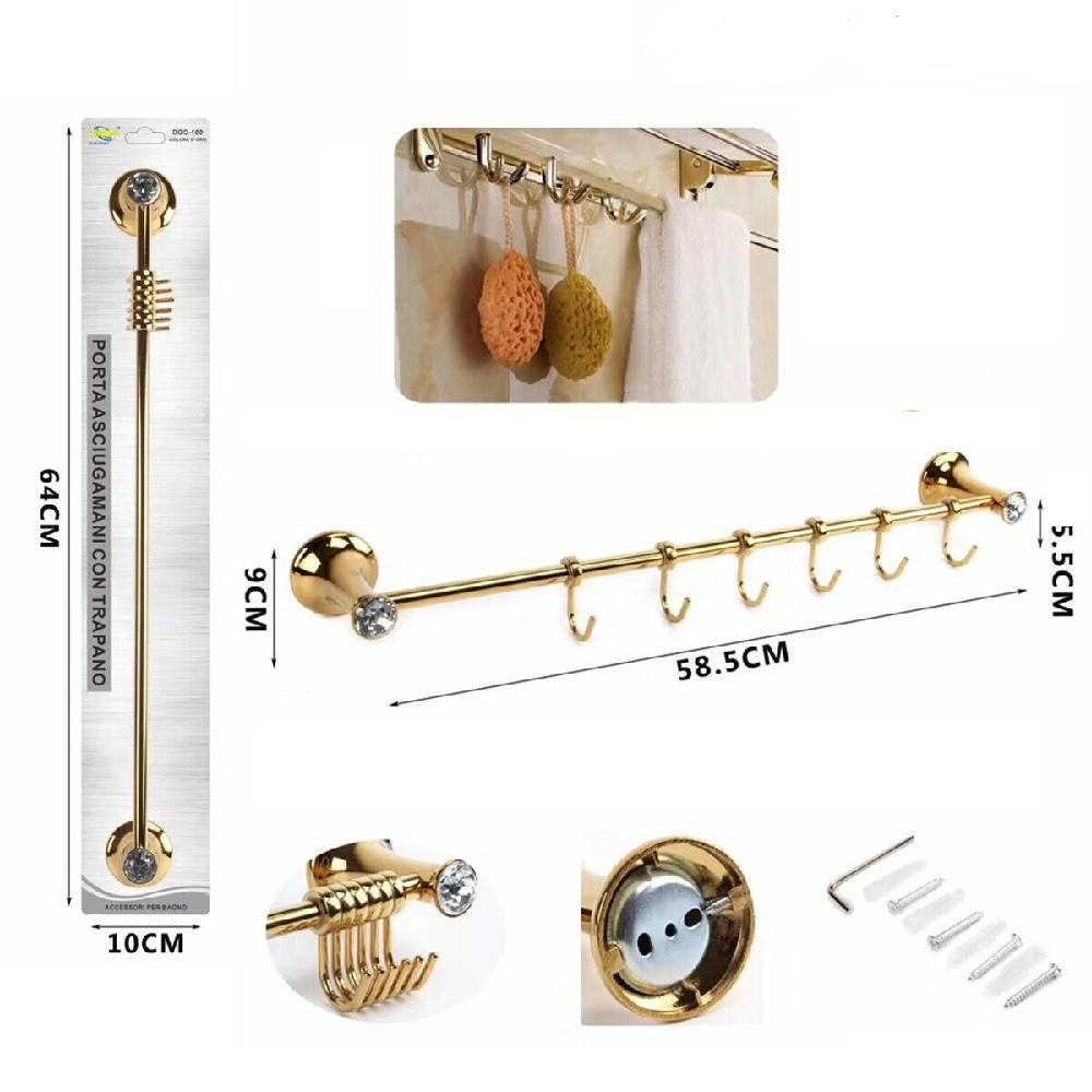 Trade Shop - Porta Asciugamani 6 Ganci Supporto Arredo Bagno Casa Cucina Dorato Oro Dgo-100 -