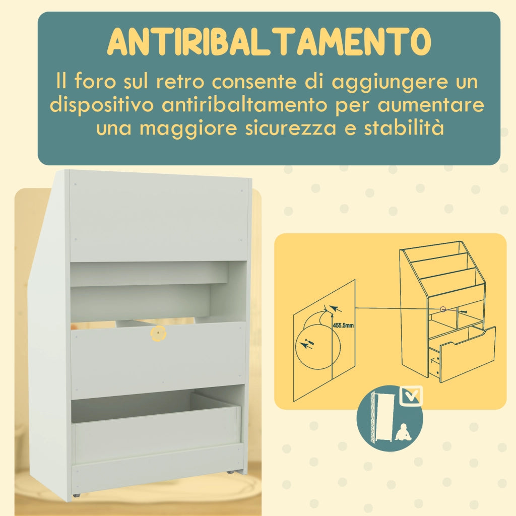 Piccola Libreria per Bambini con Ripiani e Cassetto in MDF, 60x29.9x90cm, Verde