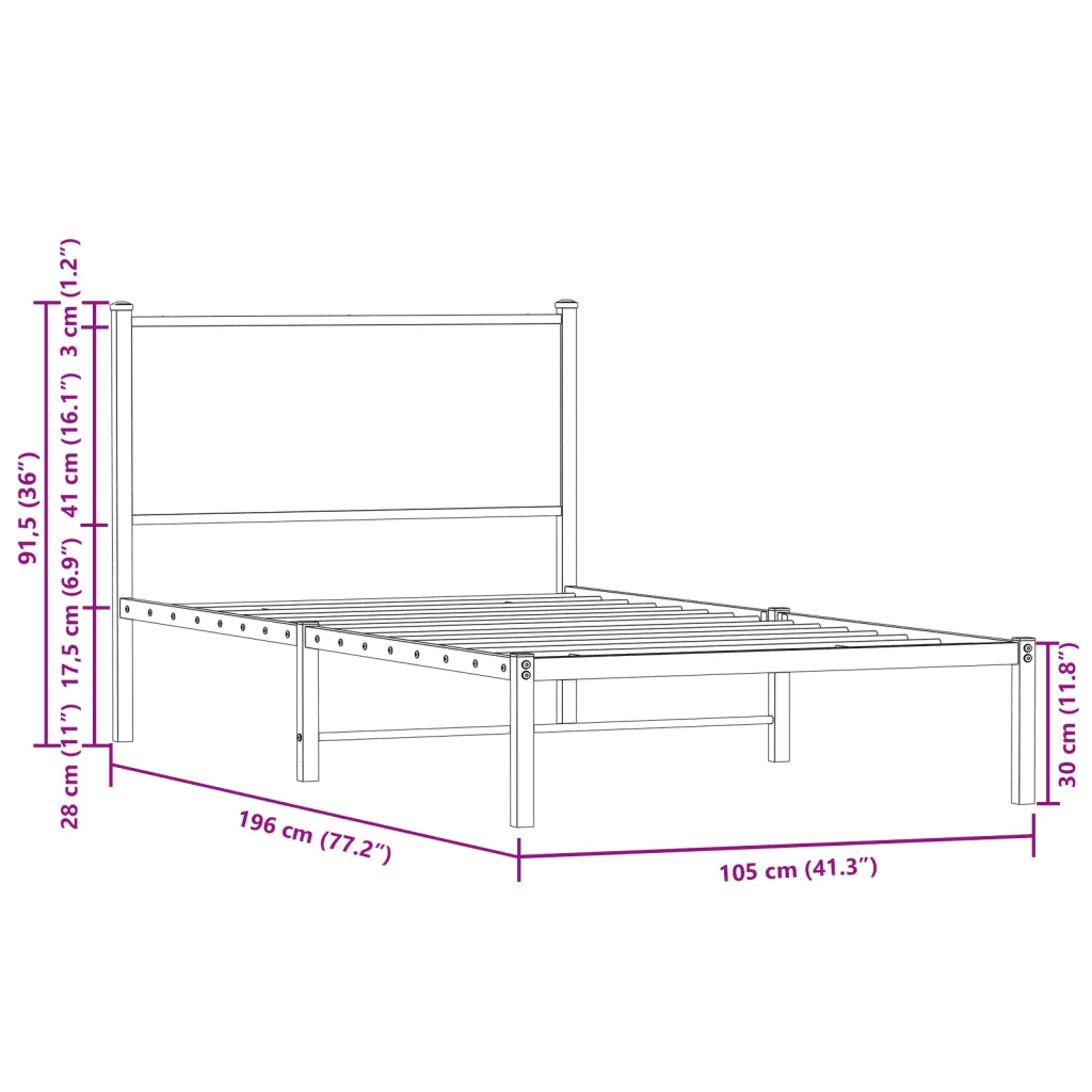 Letto singolo | Letto per adulti | Giroletto senza Materaso in Metallo Rovere Fumo 100x190 cm
