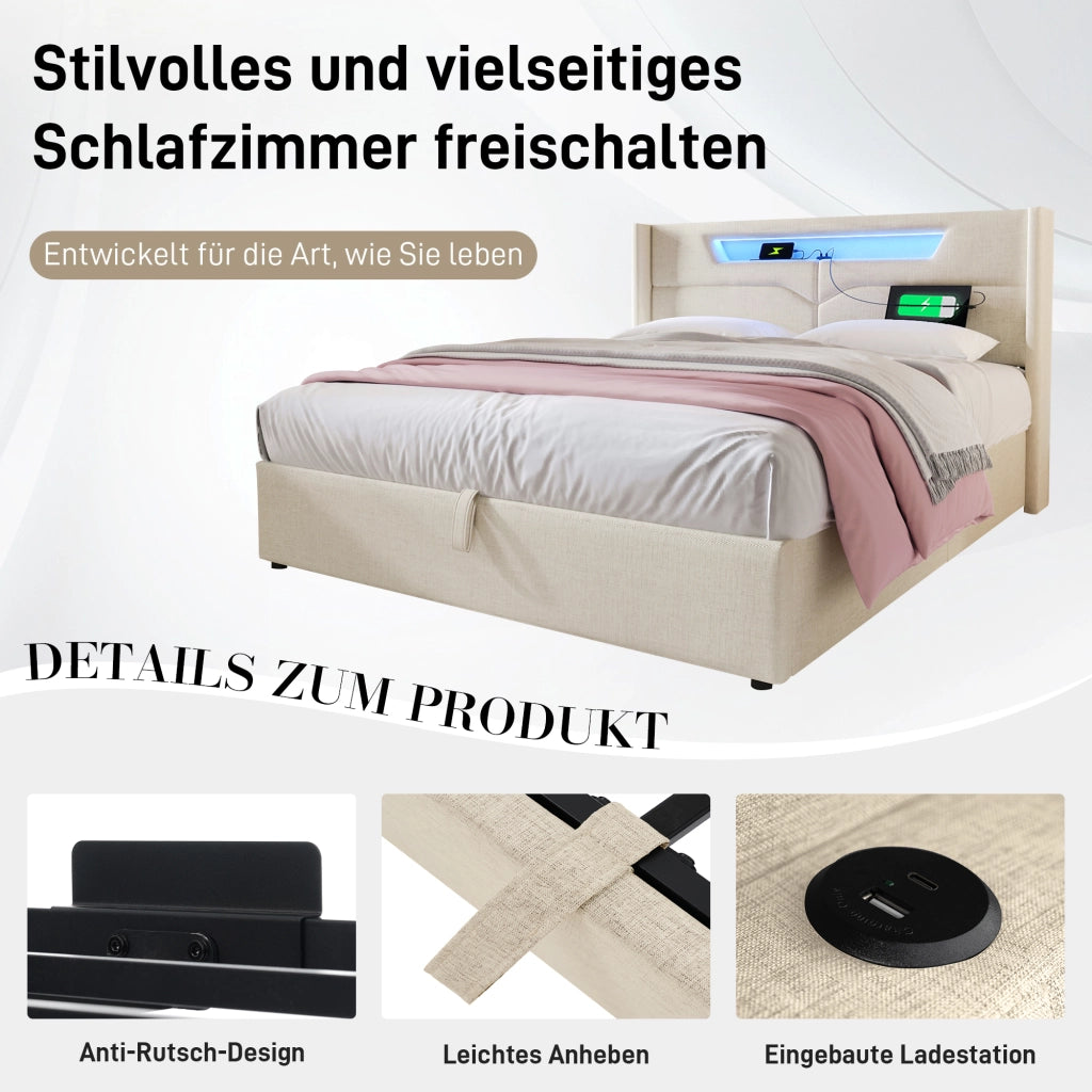 Letto matrimoniale LED – 160x200 cm – USBC contenitore – lino beige