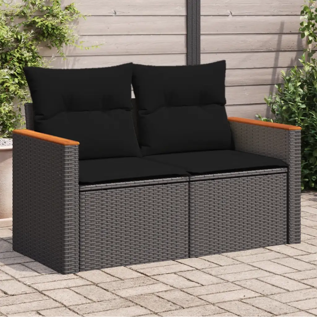 Divano da giardino con cuscini 2 posti nero in polyrattan 365977