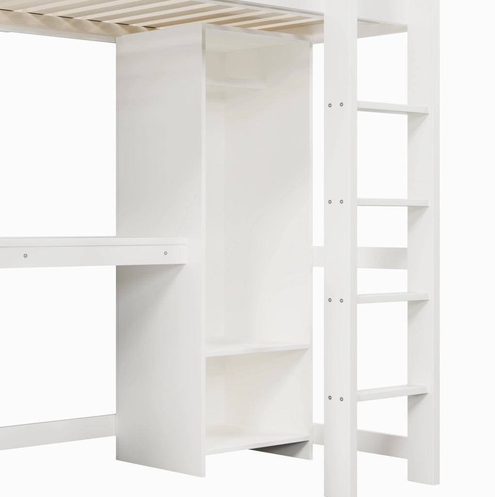 Letto a soppalco 90x200 cm con scrivania; ripiani e armadio; bianco