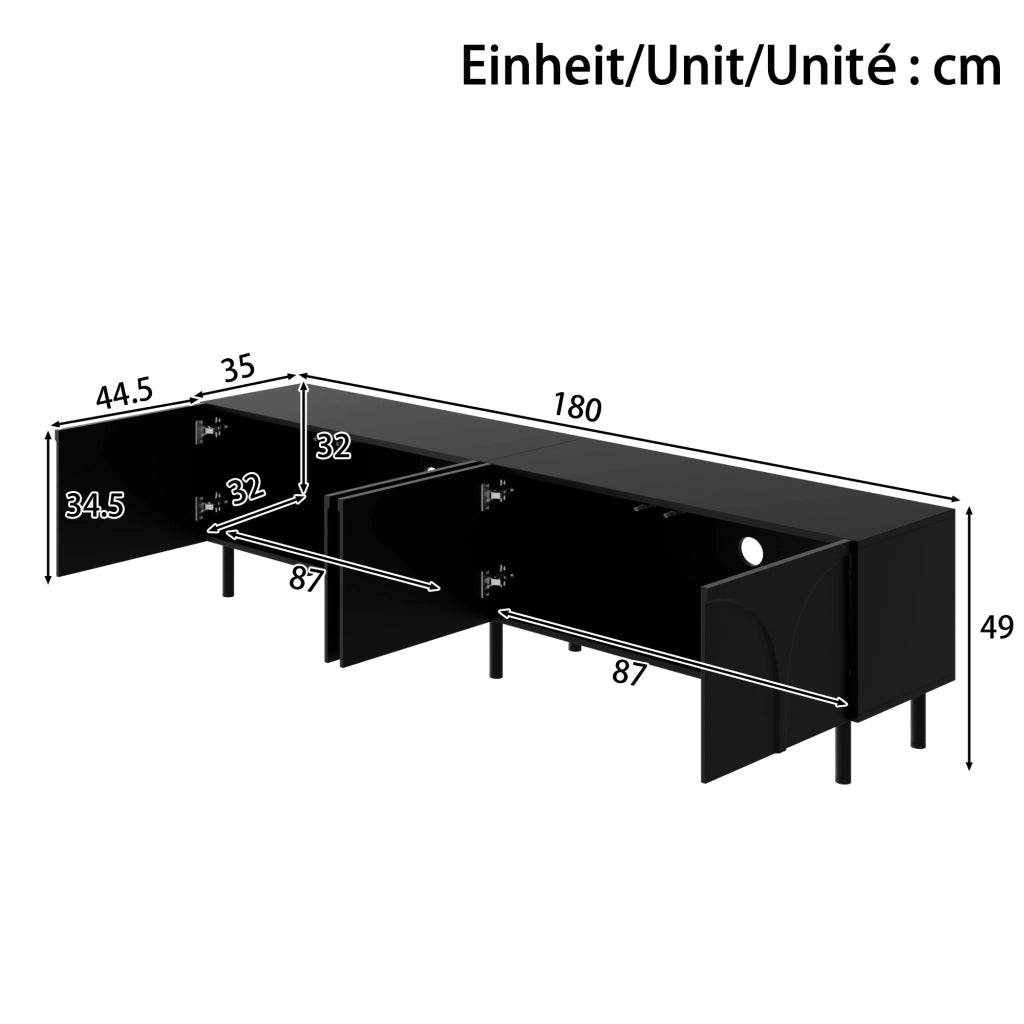 Cassettiera TV nera in MDF e truciolare lunghezza 180 cm