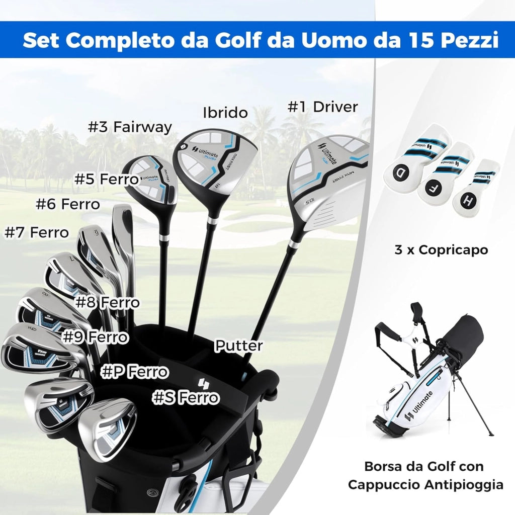 Set Completo di Mazze da Golf con Sacca a Treppiede, Include con Driver 1 da 460CC, Legno 3, Ibrido, Ferri 5, 6, 7, 8, 9, P, S, Putter e Copertura Antipioggia per Destrimani
