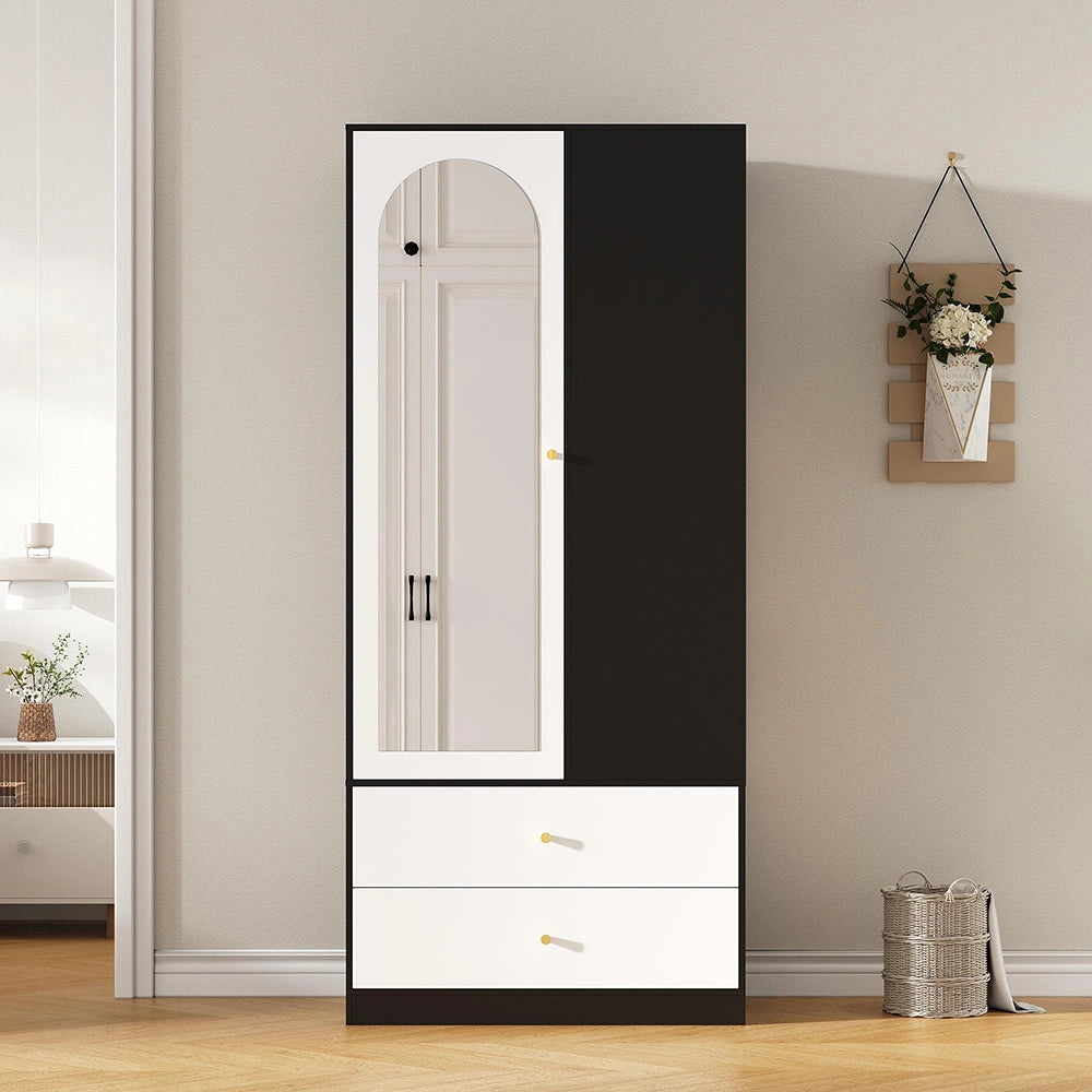 Armadio con specchio e porta - Xylo - 80x40x180 cm - Bianco e nero - 2 cassetti e 4 ripiani