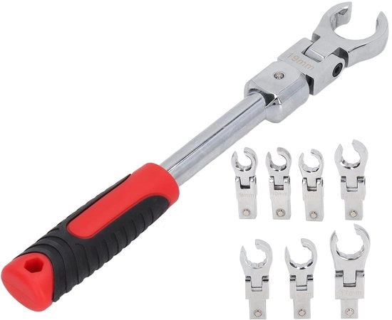 Set di chiavi combinate 9 pezzi - Testine 8 pezzi - Struttura CR V - Rimovibile - Regolabile - Maniglia 176 mm - Chiave a rasoio