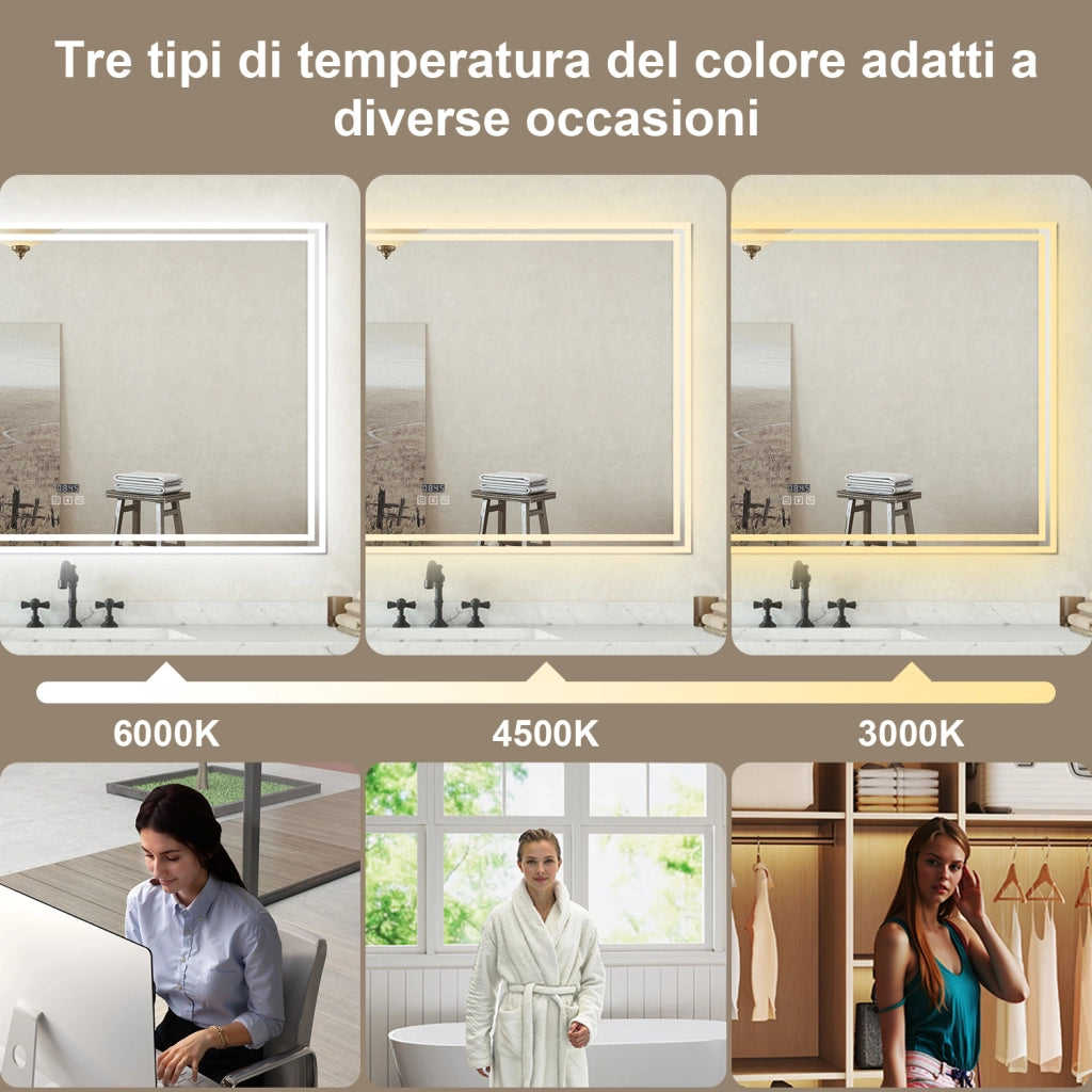 Specchio bagno Rettangolare 100x60cm Led Con 3 Luci Bluetooth + Orologio + Antiappannamento