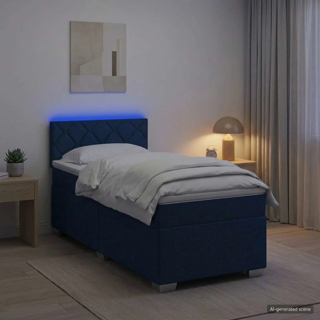Letto con Box Spring, Materasso e LED Blu 90 x 190 cm Tessuto 3451846