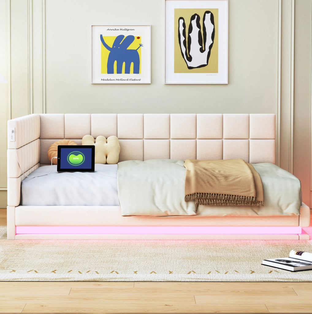 Divano letto imbottito 140x200 con LED, USB e rete a doghe