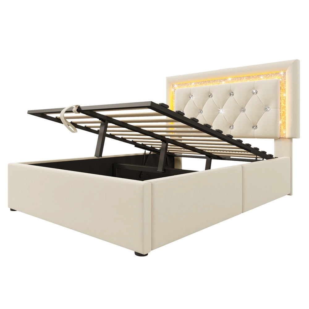 Letto Imbottito Singolo con Contenitore Idraulico e LED ¨C MINIMAL ¨C Velluto Beige 90x200