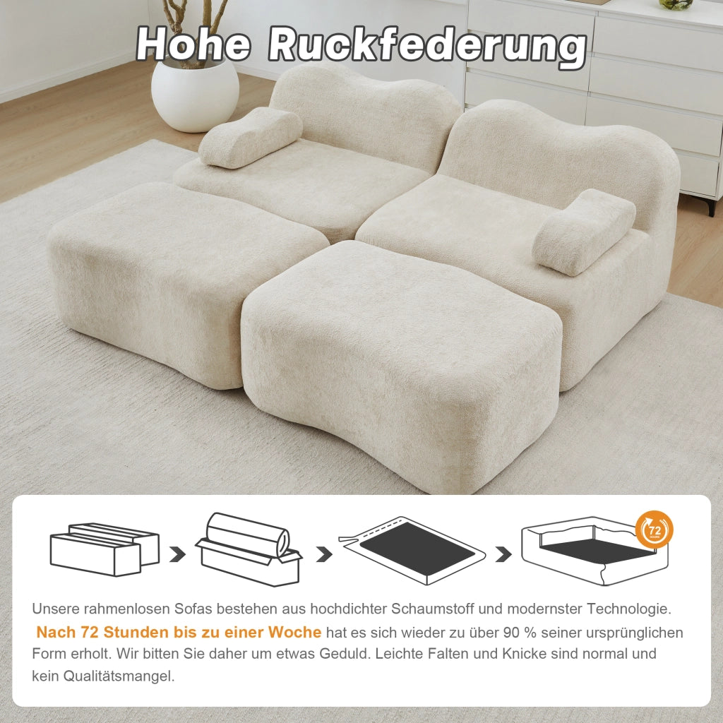 Divano modulare 2 posti con pouf in schiuma 32D e velluto beige