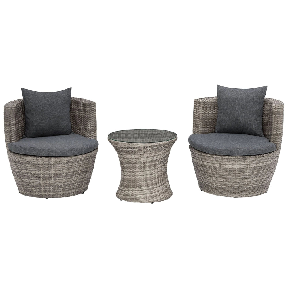 Set da bistrot da giardino in 3 pezzi grigio finto rattan con cuscini impilabili per esterno moderno