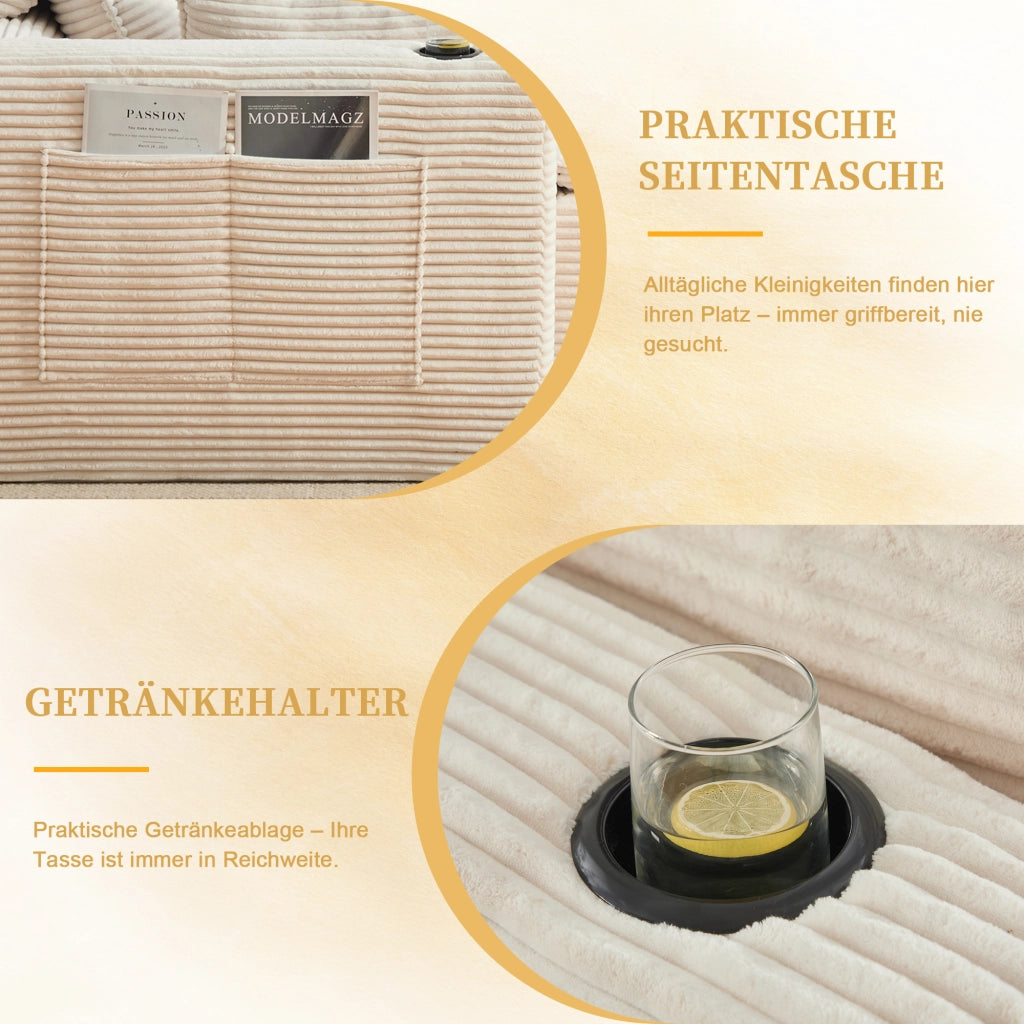 Divano Modulare 4 Posti con Poggiapiedi, Cuscini e Portabicchieri ¨C MINIMAL ¨C Beige, Tessuto a Coste
