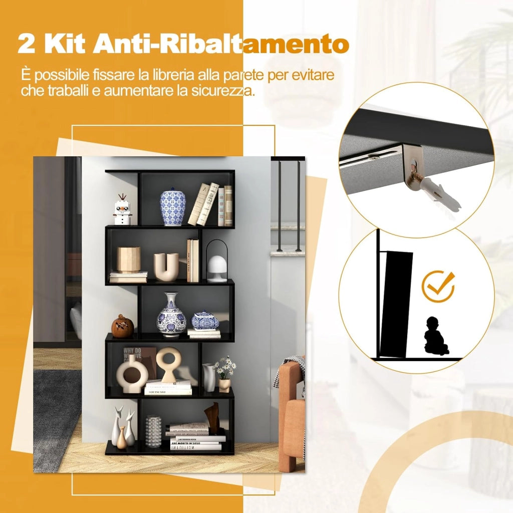 Scaffale a 5 Ripiani in Legno, Libreria Geometrica a Forma di S con Dispositivo Antiribaltamento, per Soggiorno Ufficio Camera da Letto, 70 x 23,5 x 158 cm (nero)