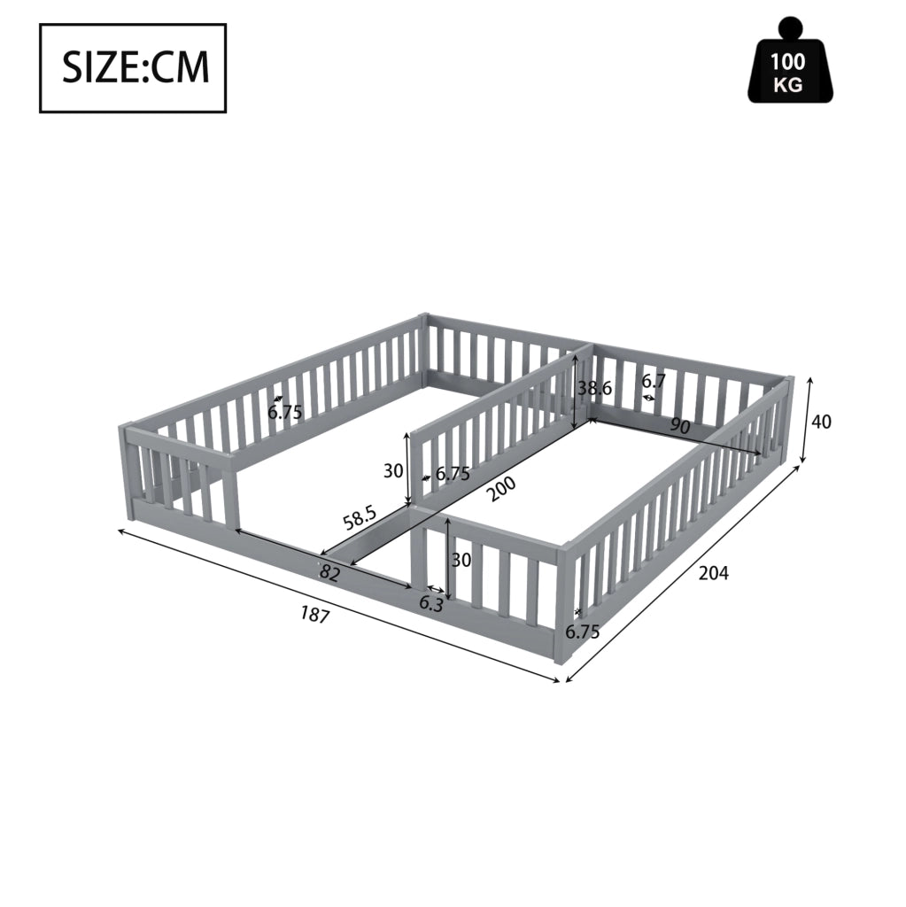 Letto per bambini con sponde di sicurezza; 90x200 cm; pino e MDF; grigio