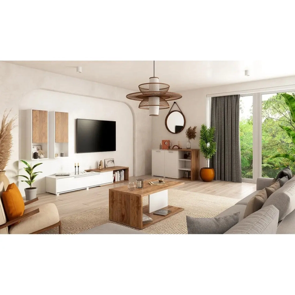 Composizione di 3 mobili HARLEM - 2 mobili sospesi e 1 mobile TV - Bianco e Rovere