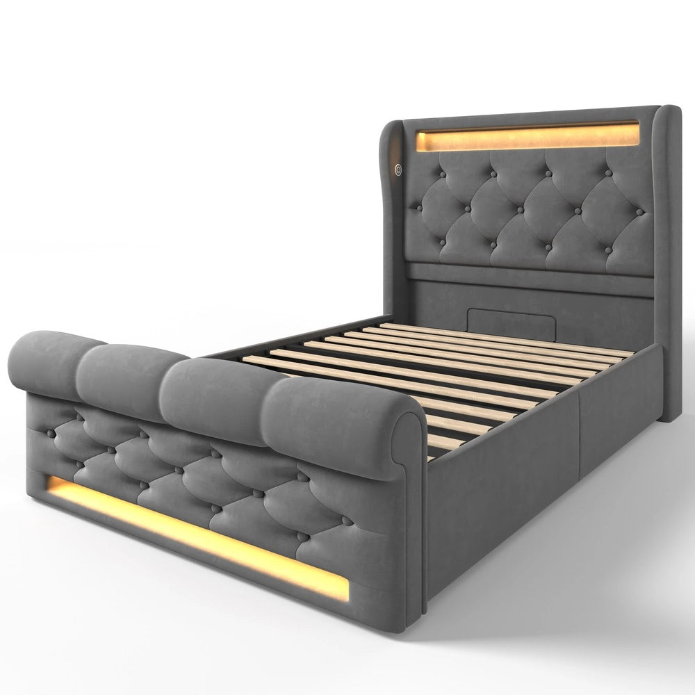 Letto Singolo Imbottito Contenitore con LED ¨C MINIMAL ¨C Grigio Velluto 90x200